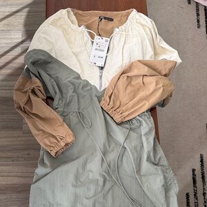 Zara Colorblock Mini Dress - Cream, Tan, and Olive